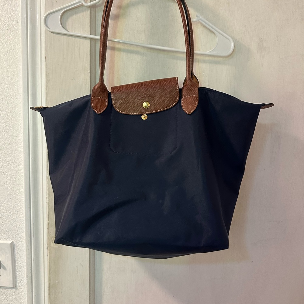 Navy Tote Bag with Brown Handles